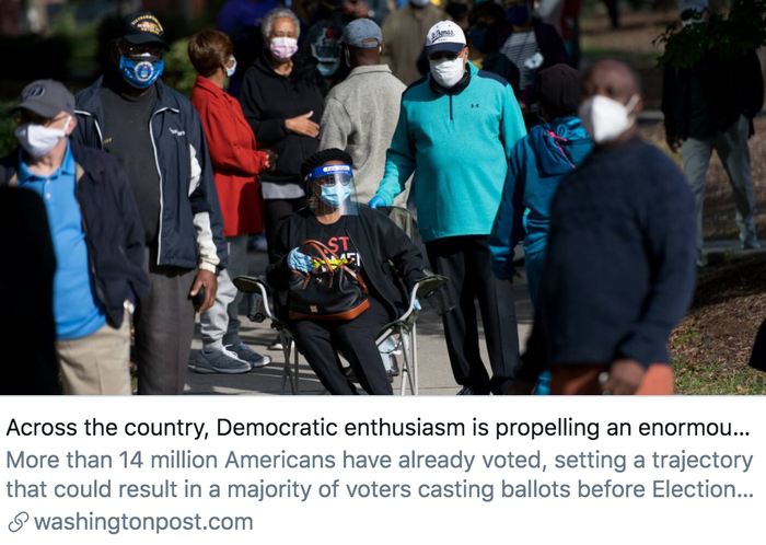  民主党选民的投票热情正在全美范围内推动提前投票的人数。/&nbsp;《华盛顿邮报》报道截图
