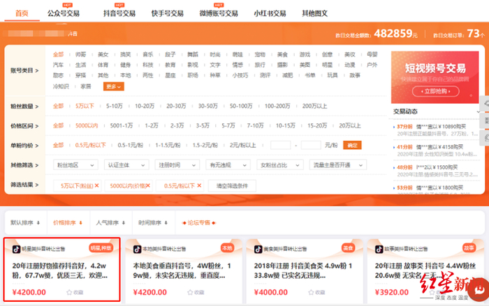 某新媒体交易平台上，包括“明星号”的各类账号明码标价