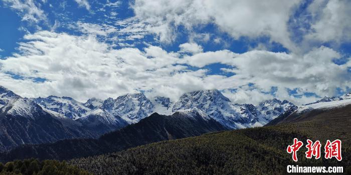 图为银白色梅里雪山与绿色植被勾勒生态画卷。　潘雪冬 摄
