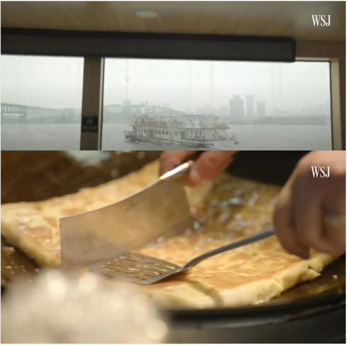 ▲记者搭乘渡轮、品尝武汉小吃豆皮等，《华尔街日报》报道截图。