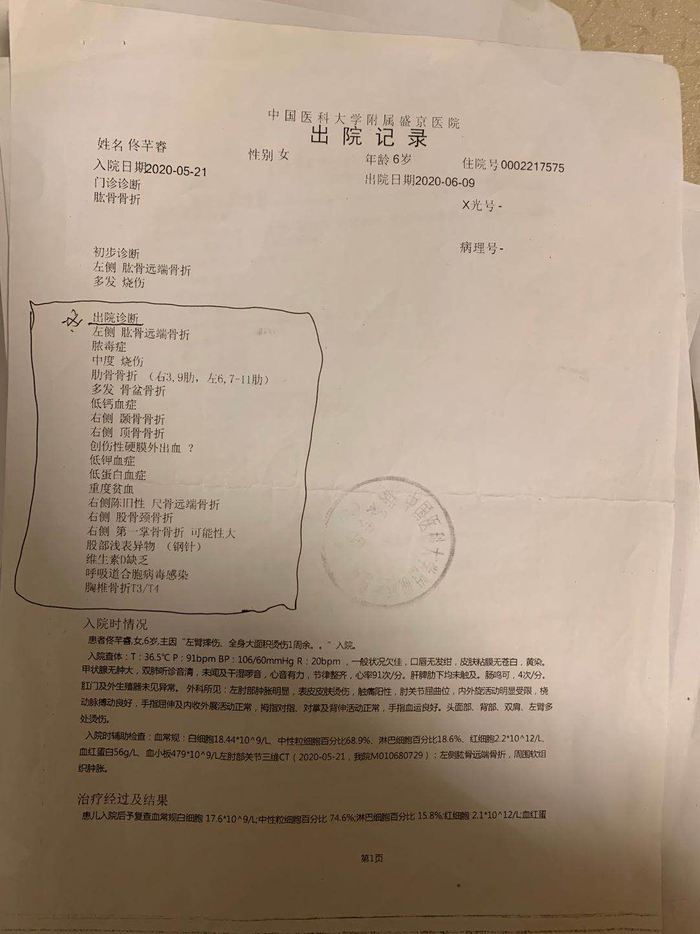 童童的出院诊断。受访者供图