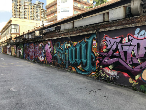 图说：园区里有一处100米长的涂鸦墙，画的东西丰富多彩。