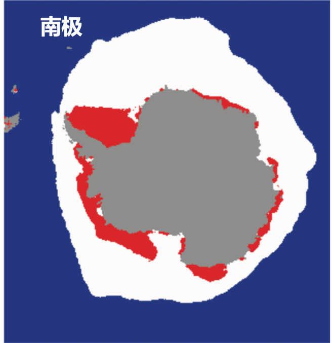南极冰盖示意图：灰色代表陆地，上方即为冰盖。红色表示夏季海冰最小值，红色+白色表示冬季海冰最大值（1981-2010平均）| 作者供图
