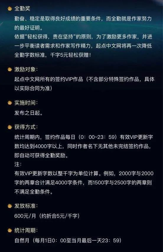 ▲北冰洋签约的网络文学网站关于全勤奖的规定。图片来自起点官网