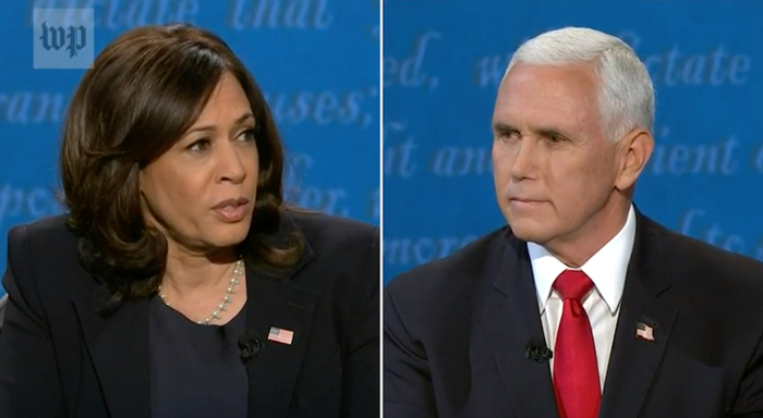▲哈里斯和彭斯辩论。/《华盛顿邮报》视频截图