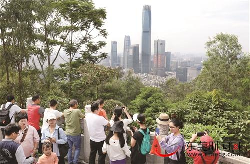 ■东莞将坚持稳中求进工作总基调，推动“湾区都市、品质东莞”建设再上新台阶。图为市民在旗峰山顶欣赏城市美景  记者 郑志波 摄