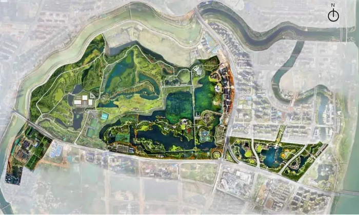 △洋湖国家湿地公园提质改造整体分三期，规划结构为“一园三区”，洋湖十六卷，策划四条特色游线串联全园。