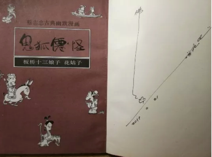 ▲蔡志忠在新京报记者带去的三联版“鬼狐仙怪”系列《板桥十三娘子 花姑子》上签名，“签带小鸟的好不好？”画完小鸟，他又写了个“佛”字。