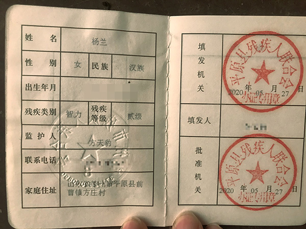  杨兰的残疾证。澎湃新闻记者沈文迪 图