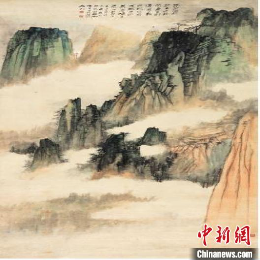 张大千《黄山文殊院云海立轴》，设色纸本。中国嘉德供图
