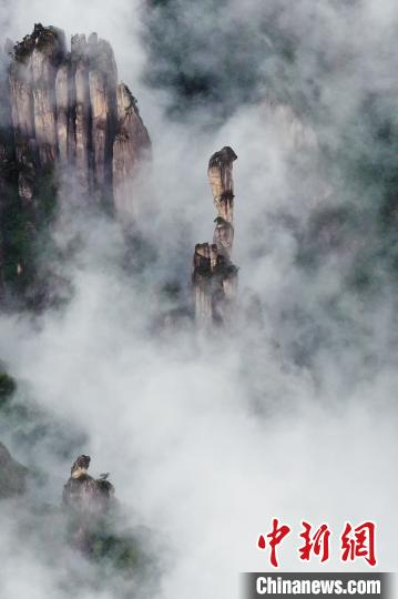 江西三清山标志性景观“东方女神”和“巨蟒出山”，此前被认定为“世界最大的天然女神峰”和“世界最高的天然蟒峰”。图为云雾缭绕下的“东方女神”和“巨蟒出山”景观。　刘占昆 摄