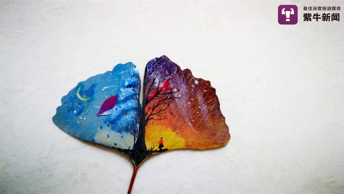 刘奇在叶片上作画