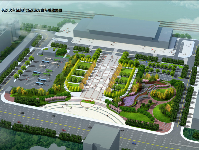 火车站东广场提质改造后的鸟瞰概念性效果图。
