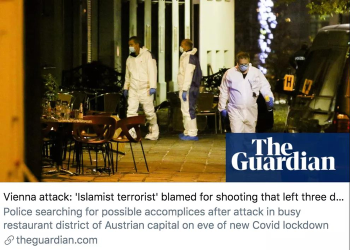维也纳枪击：伊斯兰恐怖分子被指开枪打死3人。《卫报》报道截图