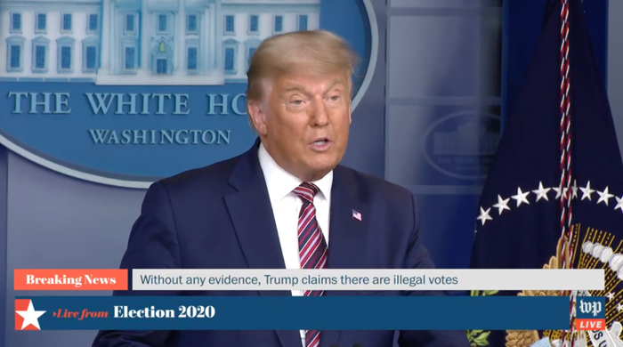 ▲特朗普5日晚在白宫讲话。《华盛顿邮报》直播截图