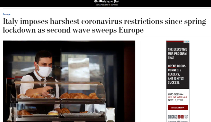  截图为《华盛顿邮报》对于欧洲疫情形势严峻，意大利等国将重新采取严格防疫措施的报道