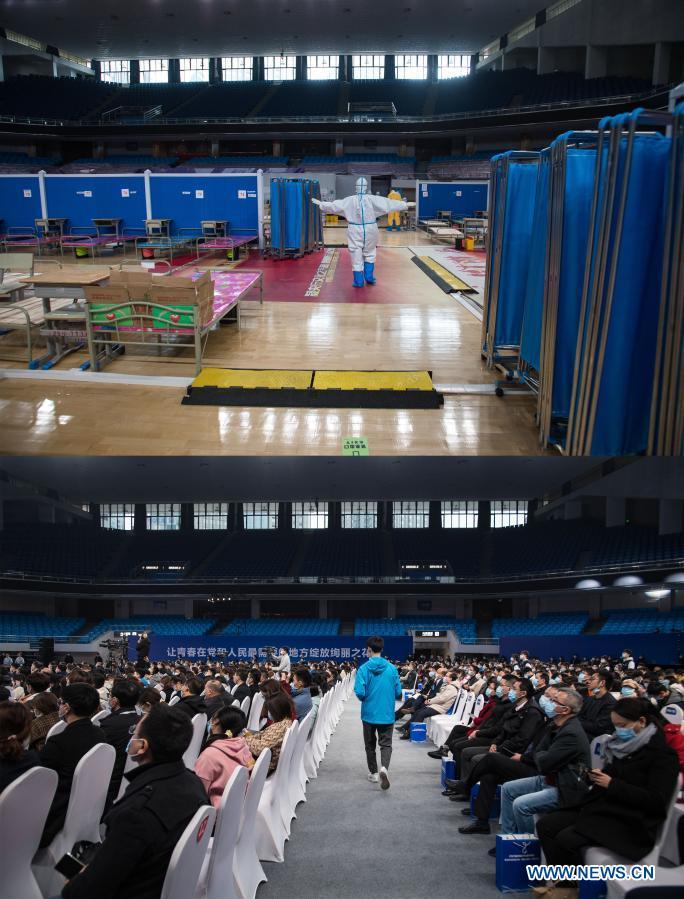 In this combo photo, the upper part shows a medical worker walking with short skips after escorting recovered COVID-19 patients away at a temporary hospital converted from Hongshan Gymnasium in Wuhan, central China's Hubei Province, March 10, 2020. The temporary hospital was shut down on that day. The lower part shows people attending a job fair for graduates at Hongshan Gymnasium in Wuhan, central China's Hubei Province, Dec. 2, 2020. A national college graduates employment and entrepreneurship promotion fair kicked off here on Wednesday. The Hongshan Gymnasium was converted into a temporary hospital and started operation on Feb. 5. With 784 beds, it received a total of 1,124 patients, and saw 833 patients discharged and 291 patients transferred to other hospitals. Now, It has regained vitality and become the site of many large events. (Xinhua/Xiao Yijiu)