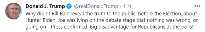 特朗普发布推文，指责司法部不公开调查。/推特截图