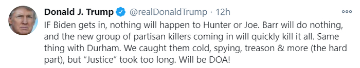 特朗普发布推文，指责巴尔不会调查拜登家族。/推特截图