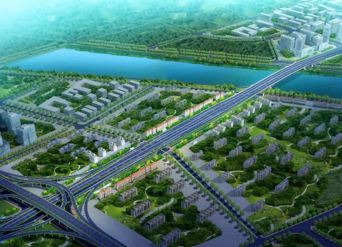 △湘府东路浏阳河大桥西接既有湘府路快速化高架桥，东至浏阳河东岸，全长667米。图片项目设计效果图。