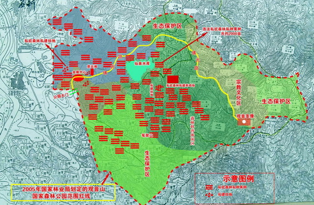 沧州科技事务司法鉴定中心勘查观音山国家森林公园内违法私砍森林私建坟地示意图。资料来源：广东观音山国家森林公园