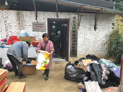 　　文军红和工人在整理好心人送来的旧衣服。二十年间，文军红救下上千只流浪猫狗，成为重庆市知名的流浪动物救助人，创建了当地规模数一数二的个人流浪动物救助站。