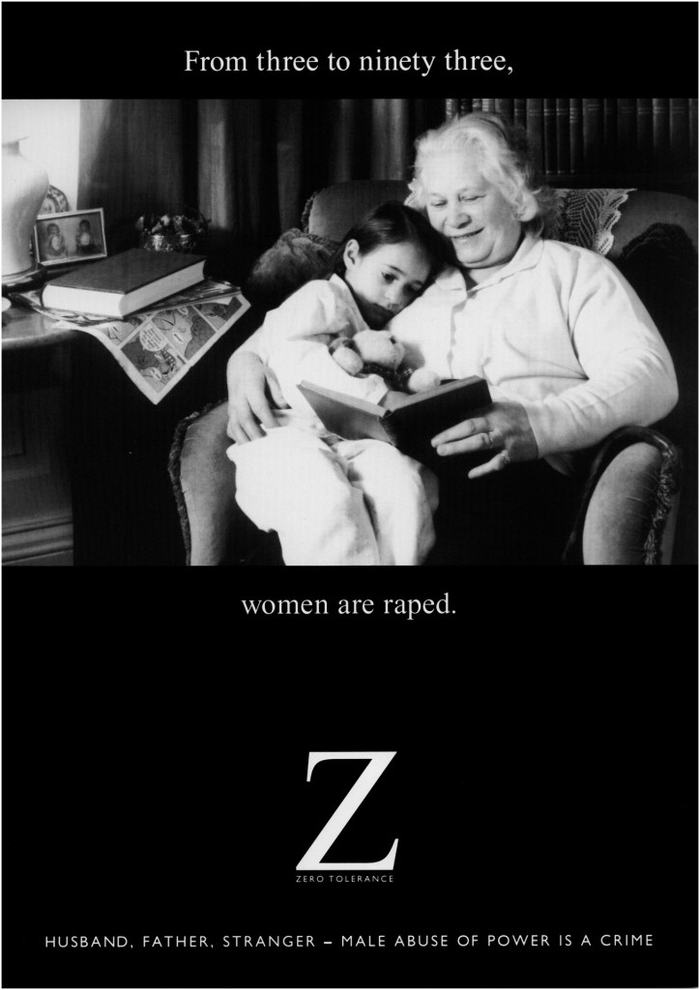 “零容忍”运动海报之一。（照片上方）从三岁至九三十岁的（照片下方）女性都会遭到强奸。图片来自弗朗姬·拉弗尔斯档案网站。