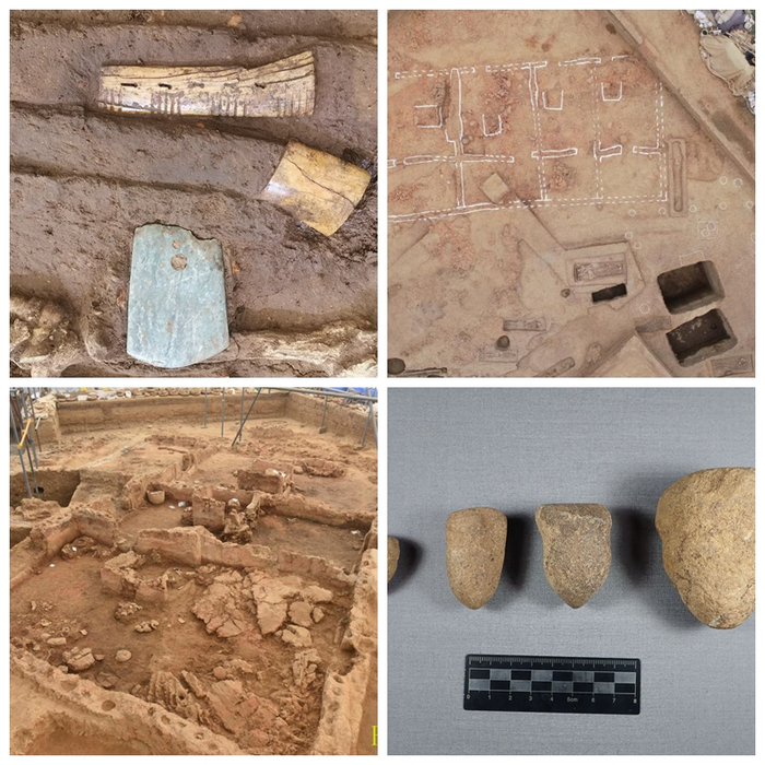 左上图为屈家岭M77中象牙弓饰玉钺骨樽；右上图为黄山遗址部分发掘现场航拍图；左下图为黄山遗址出土的仰韶文化晚期的大型玉石器生产作坊；右下图为黄山遗址出土的石质制玉工具——系列石钻