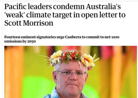 　　（截图来自英国《卫报》的报道，内容是南太平洋各岛国最近联名写信谴责澳大利亚莫里森政府在气候变化上不作为，导致这些岛国不得不面对着气候危机所带来的灭国风险）