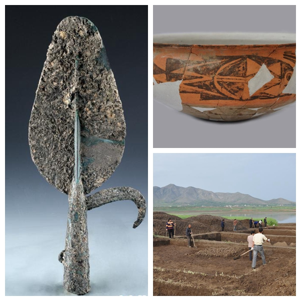 左图为河南省淅川县下王岗遗址出土的龙山文化时期铜矛；右上图为河南省淅川县下王岗遗址出土的仰韶文化时期陶器；右下图为河南省淅川县下王岗遗址发掘现场