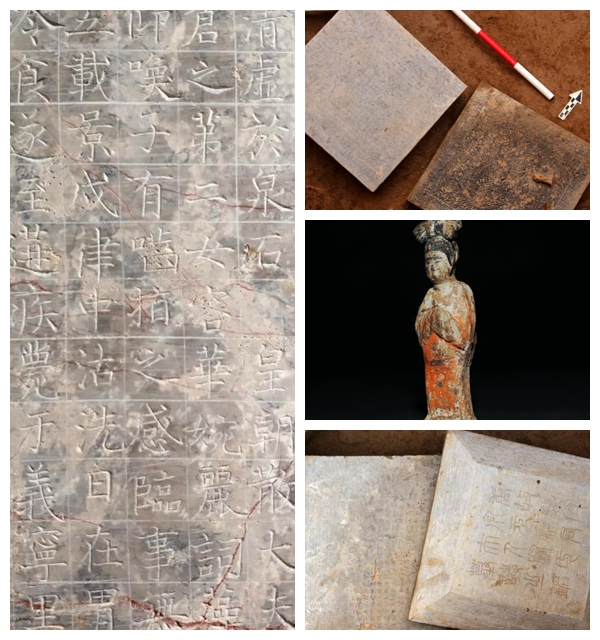 左图为考古发掘出土的罗婉顺墓志局部；右上图为考古发掘出土的元大谦墓志；右中图为元大谦、罗婉顺夫妇合葬墓出土的陶人俑；右下图为考古发掘出土的罗婉顺墓志