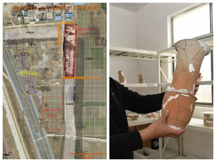 左图为2020年禹会村龙山文化城址考古工作平面图；右图为安徽蚌埠禹会村遗址聚落考古队领队张东在文物库房展示出土的龙山时期陶器