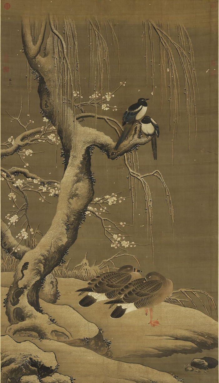 明 吕纪  《雪岸双鸿》轴