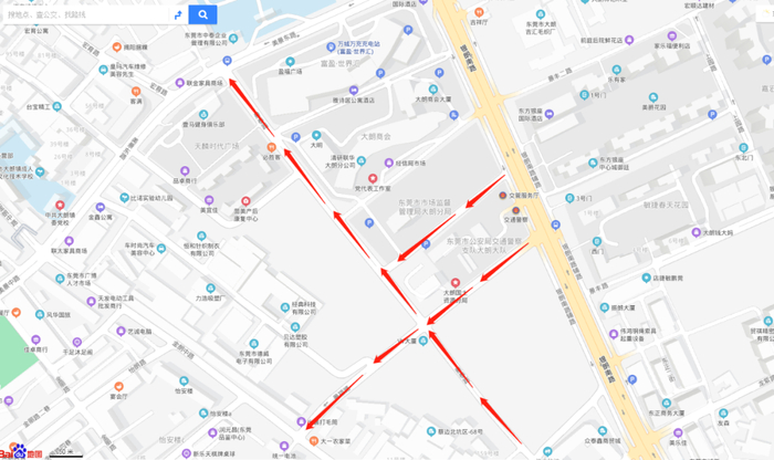 ▲景福路、景泰路与大朗市场监管分局门前路段示意图