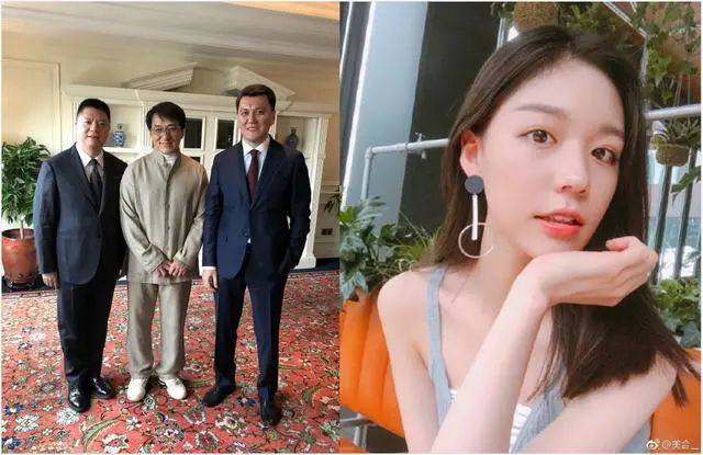 左为綦建虹（左一）与成龙合影，右为綦建虹之女綦美合。图片来源：新浪微博