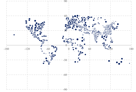 图全球1006个城市环境韧性指标的空间分布