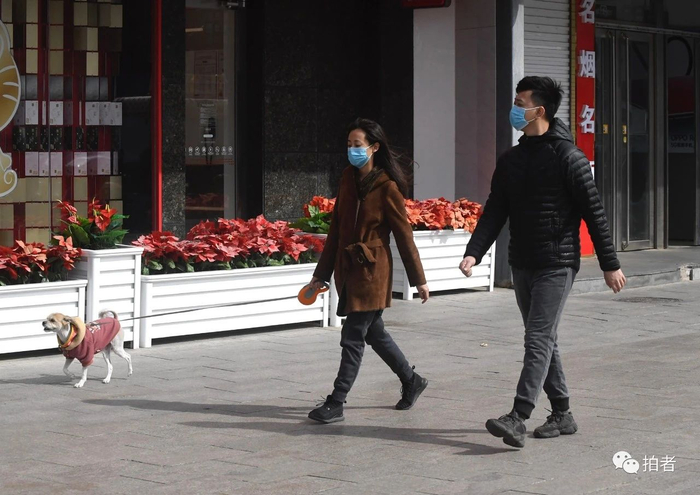 △ 3月12日，朝阳区广渠路，两名戴口罩的市民外出遛狗。摄影/新京报记者吴宁