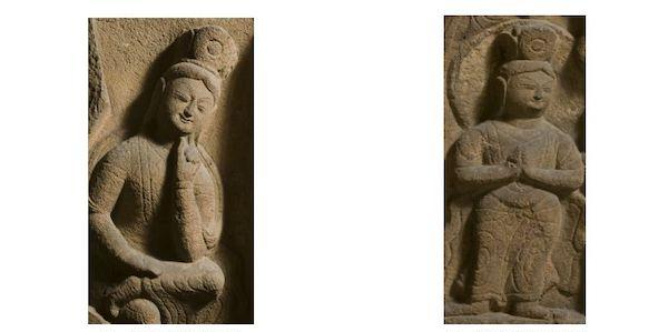 第17窟明窗东壁的思维菩萨（左）   第17窟明窗东壁的胁侍菩萨（右）