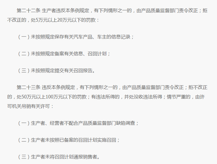 ▲《缺陷汽车产品召回管理条例》关于罚金的部分规定