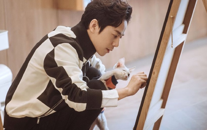 何炅和节目中的两只猫。图片来自网络