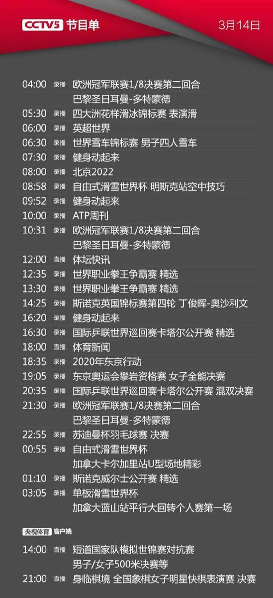 央视体育CCTV5/5+今天节目单(3月14日)：录像播出多场比赛