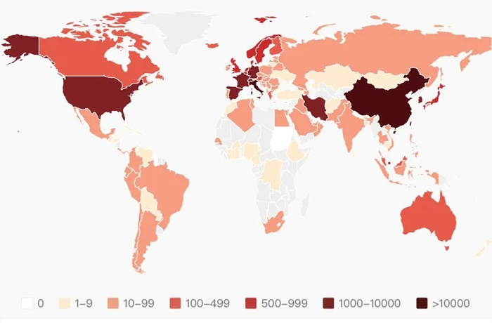 全球疫情地图，全球累计确诊病例142250例，源自丁香园，2020-03-14 北京时间9：00