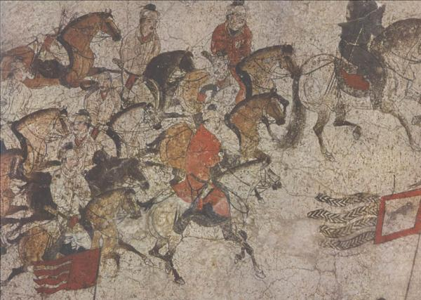 唐章怀太子李贤墓墓道东壁狩猎出行图局部（红衣者为墓主人）