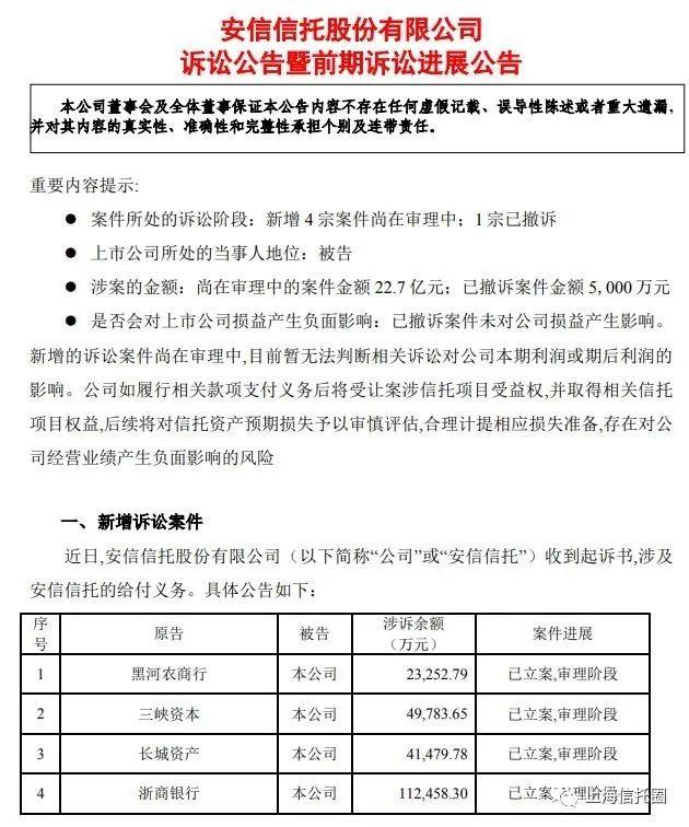 因“兜底函”安信信托再遭金融机构讨债，浙商银行、长城资产“入坑”