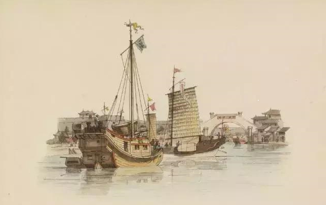 使团画师描绘的运河帆船