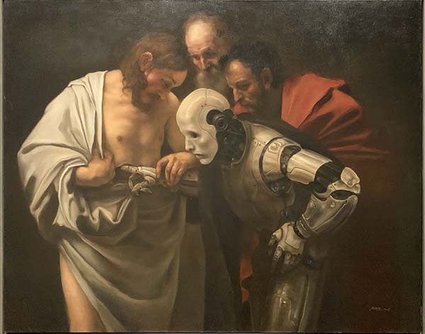 庞茂琨，《第二次触摸》，布面油画 ，2018（源自卡拉瓦乔《圣多马的怀疑》）