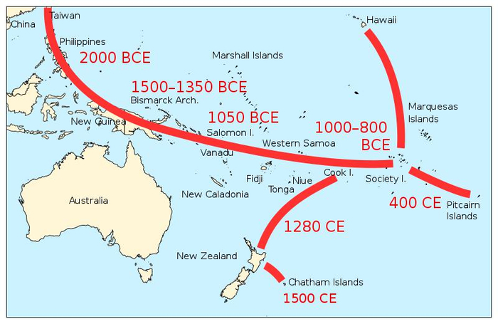 早期人类在太平洋诸岛上的迁徙路线（维基公共）