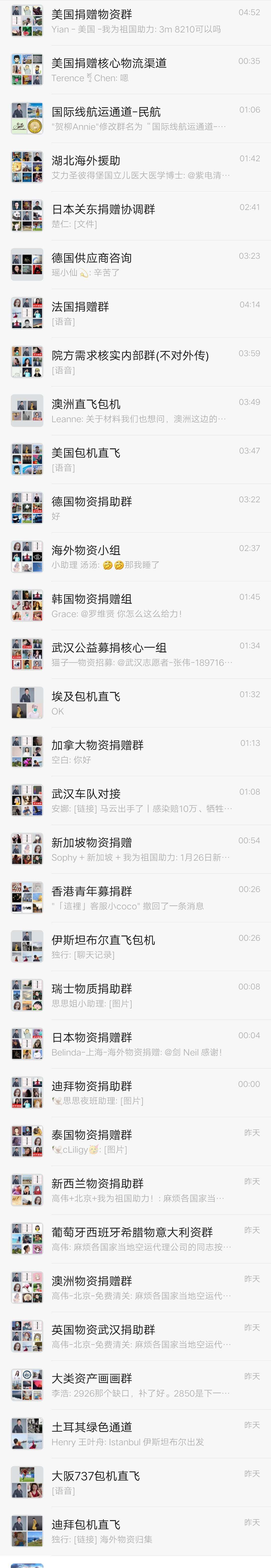  徐杨的微信群截图，超三十个有关物资调度