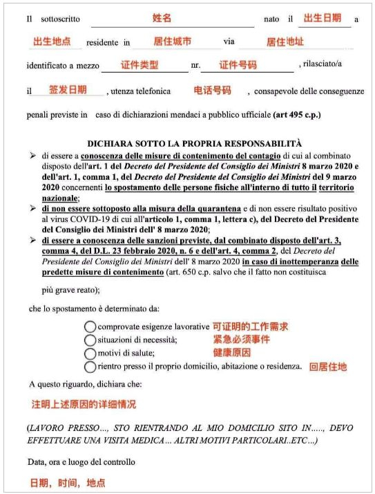 在意大利，人们外出需要携带的自我声明。受访者供图