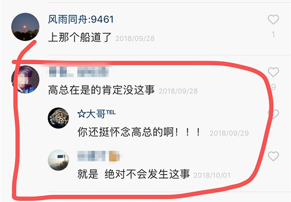 桑船长妻子上传的视频下有人评论怀念“高总”。